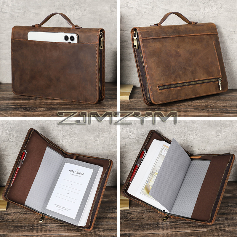 Office Stationery Supply Business - Retro-Leder-Notizbuchhülle, handgefertigt, mit Reißverschluss, tragbare Lederhülle,